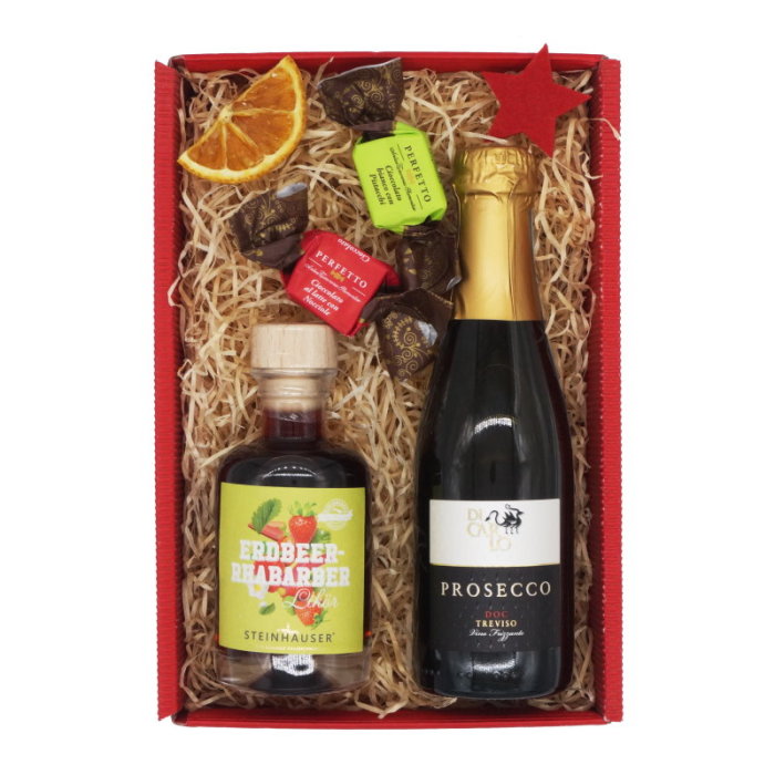 Geschenkset mit Prosecco, Likör und Pralinen bestens als Apéritif