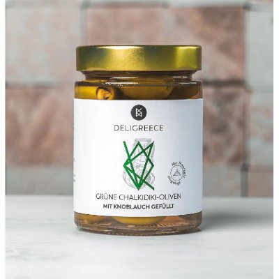 Grüne Chalkidiki-Oliven mit Knoblauch gefüllt in Meersalzlake - 190 g - Deligreece