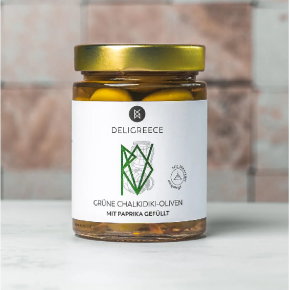 Grüne Chalkidiki-Oliven mit Paprika gefüllt in Meersalzlake - 190 g - Deligreece