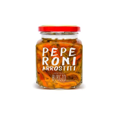 Paprika geröstet und geschält, fein mariniert mit Gewuerzen und Kraeutern, als Antipasto, zu Bruschette. Vegan, glutenfrei.
